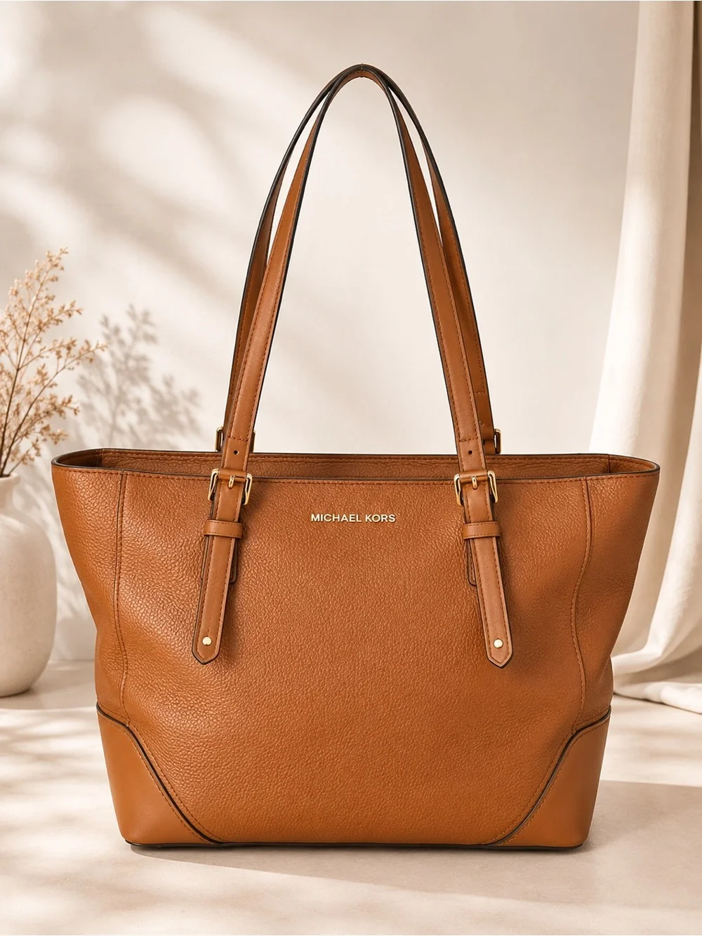 Michael Kors Brown Pebbled Leather Tote Bag Shoulder Purse Zip top